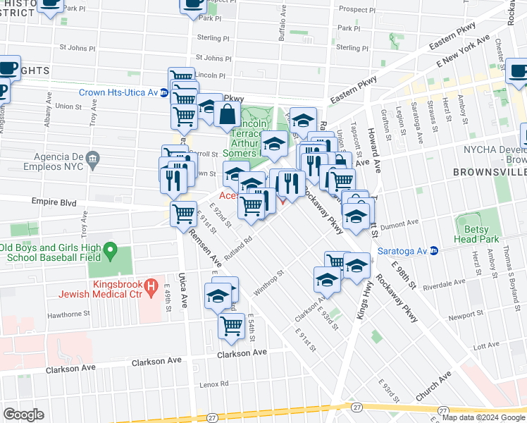 map of restaurants, bars, coffee shops, grocery stores, and more near 80 East 95th Street in Brooklyn