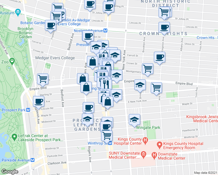 map of restaurants, bars, coffee shops, grocery stores, and more near 353 Empire Boulevard in Brooklyn