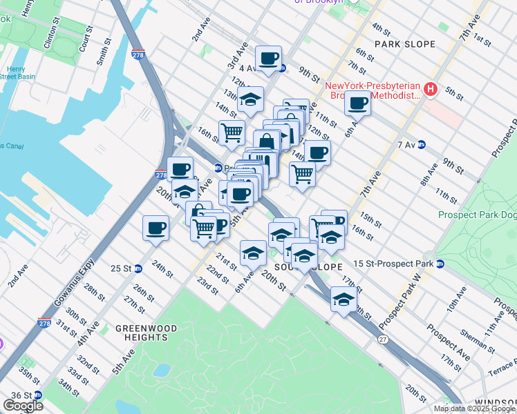map of restaurants, bars, coffee shops, grocery stores, and more near 259 17th Street in Brooklyn