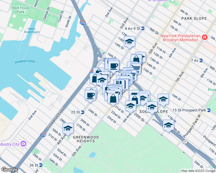 map of restaurants, bars, coffee shops, grocery stores, and more near 189 19th Street in Brooklyn