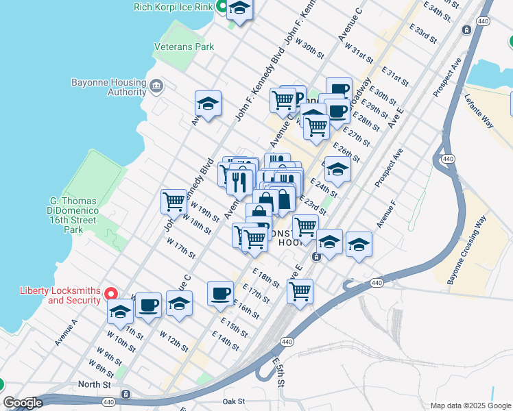 map of restaurants, bars, coffee shops, grocery stores, and more near 39-41 East 21st Street in Bayonne