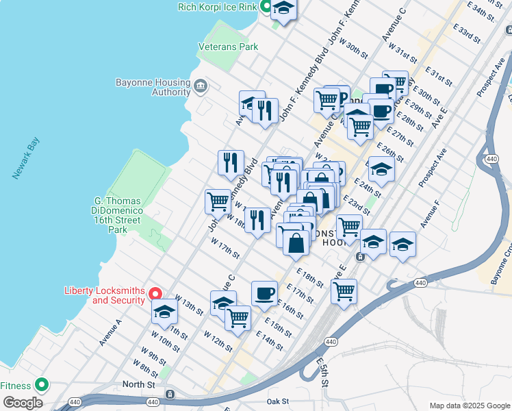 map of restaurants, bars, coffee shops, grocery stores, and more near 87 West 19th Street in Bayonne