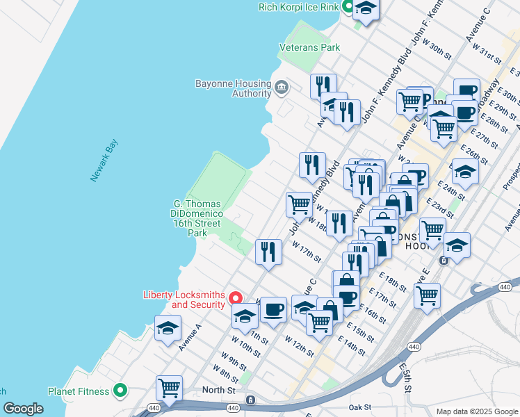 map of restaurants, bars, coffee shops, grocery stores, and more near 166 West 17th Street in Bayonne