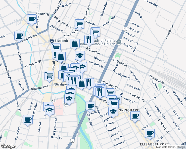 map of restaurants, bars, coffee shops, grocery stores, and more near in Elizabeth