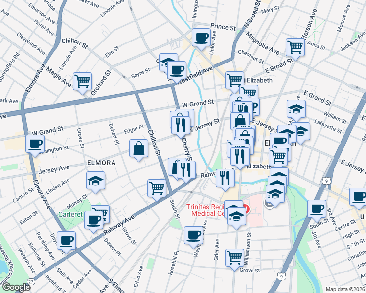 map of restaurants, bars, coffee shops, grocery stores, and more near 58 Cherry Street in Elizabeth