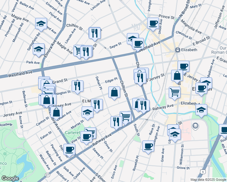 map of restaurants, bars, coffee shops, grocery stores, and more near 227 West Jersey Street in Elizabeth