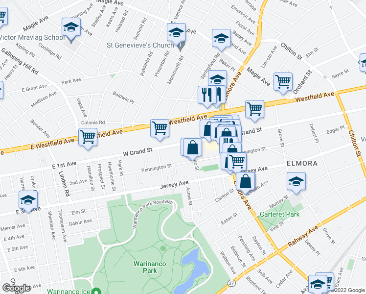 map of restaurants, bars, coffee shops, grocery stores, and more near 826 West Grand Street in Elizabeth