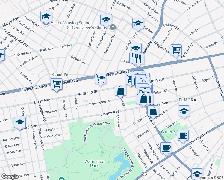 map of restaurants, bars, coffee shops, grocery stores, and more near 826 West Grand Street in Elizabeth