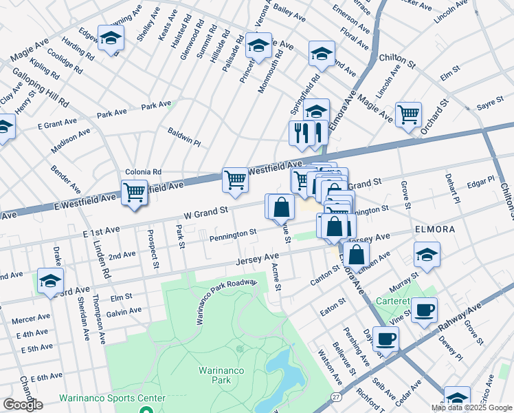 map of restaurants, bars, coffee shops, grocery stores, and more near 826 West Grand Street in Elizabeth