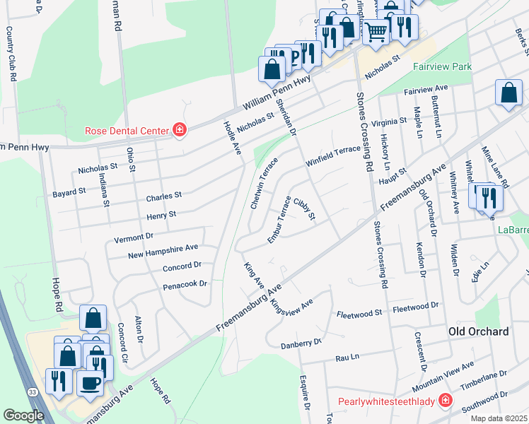 map of restaurants, bars, coffee shops, grocery stores, and more near 4320 Winfield Terrace in Easton