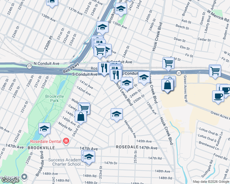 map of restaurants, bars, coffee shops, grocery stores, and more near 140-35 246th Street in Queens