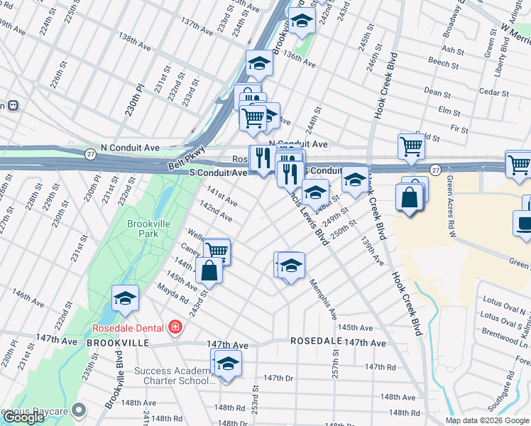 map of restaurants, bars, coffee shops, grocery stores, and more near 140-35 246th Street in Queens