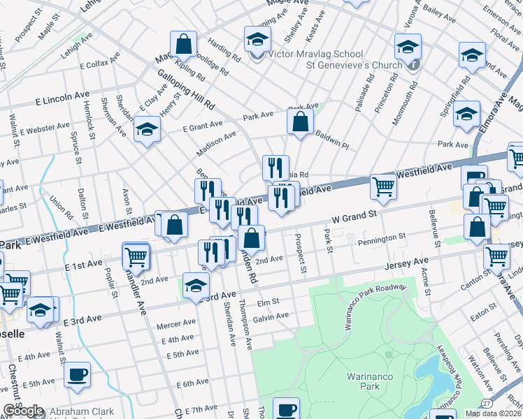 map of restaurants, bars, coffee shops, grocery stores, and more near 480 East Westfield Avenue in Roselle Park