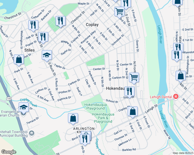 map of restaurants, bars, coffee shops, grocery stores, and more near 3518 Carbon Street in Hokendauqua