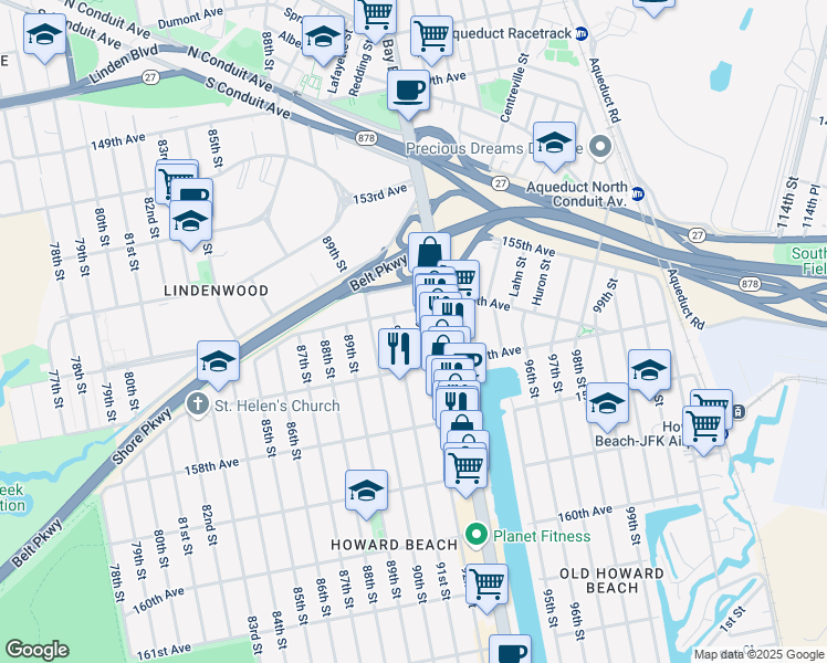 map of restaurants, bars, coffee shops, grocery stores, and more near 156-20 92nd Street in Queens