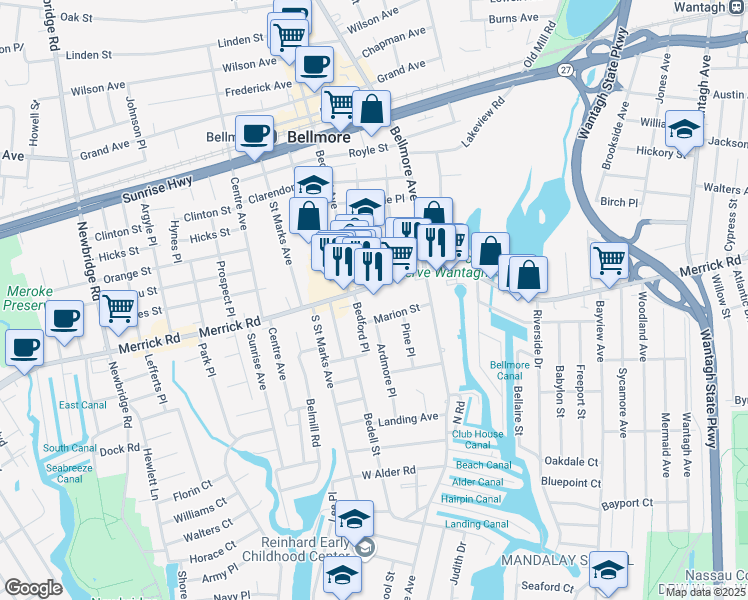 map of restaurants, bars, coffee shops, grocery stores, and more near 2750 Merrick Road in Bellmore