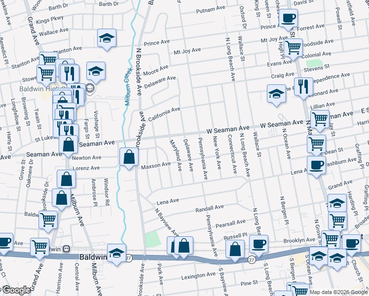 map of restaurants, bars, coffee shops, grocery stores, and more near 73 Delaware Avenue in Freeport