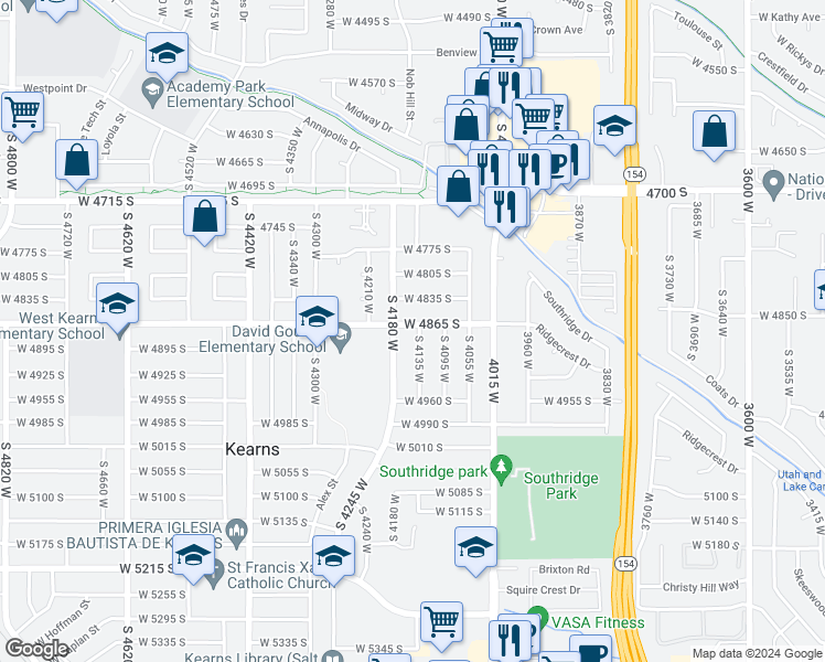 map of restaurants, bars, coffee shops, grocery stores, and more near 4149 West 4865 South in Kearns