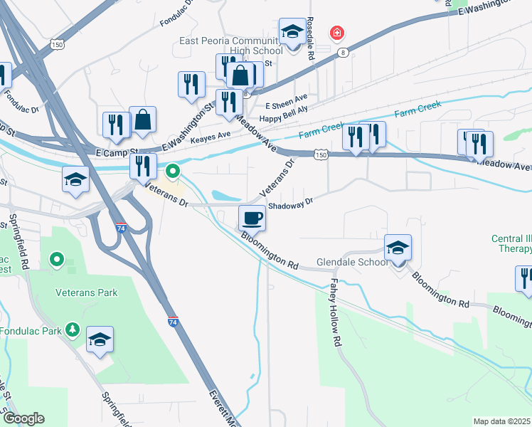 map of restaurants, bars, coffee shops, grocery stores, and more near 130 Shadoway Drive in East Peoria