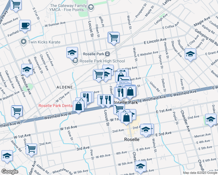 map of restaurants, bars, coffee shops, grocery stores, and more near 224 Filbert Street in Roselle Park