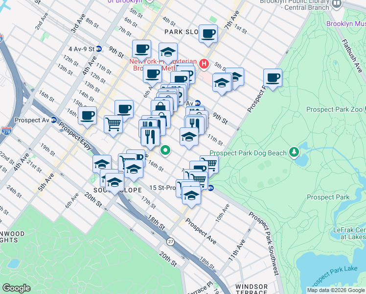map of restaurants, bars, coffee shops, grocery stores, and more near 445 13th Street in Brooklyn