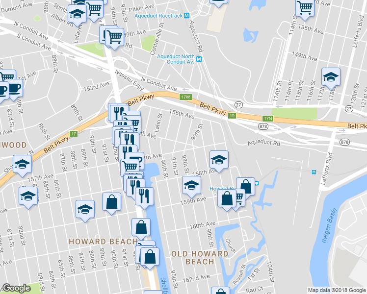 map of restaurants, bars, coffee shops, grocery stores, and more near 97-20 156th Avenue in Queens