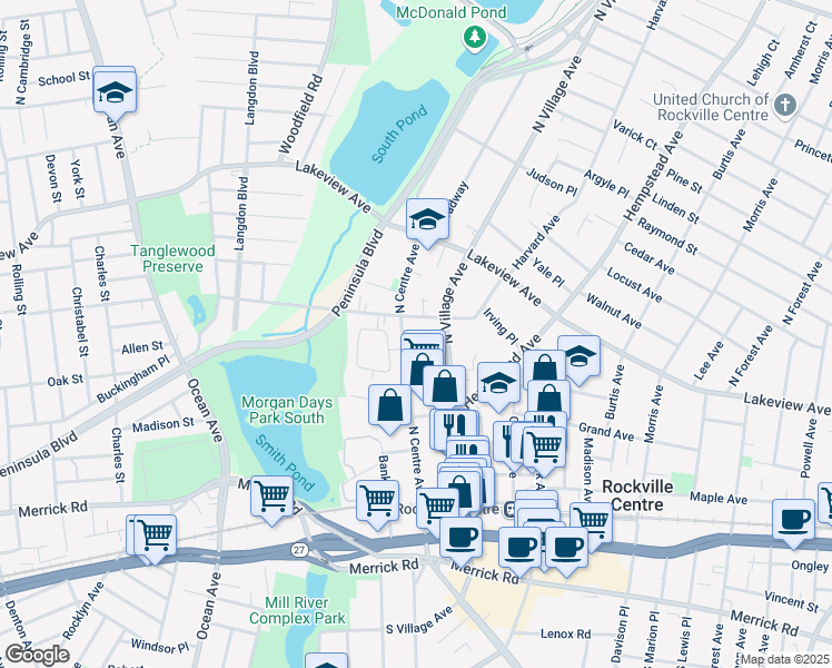 map of restaurants, bars, coffee shops, grocery stores, and more near 253 North Centre Avenue in Rockville Centre