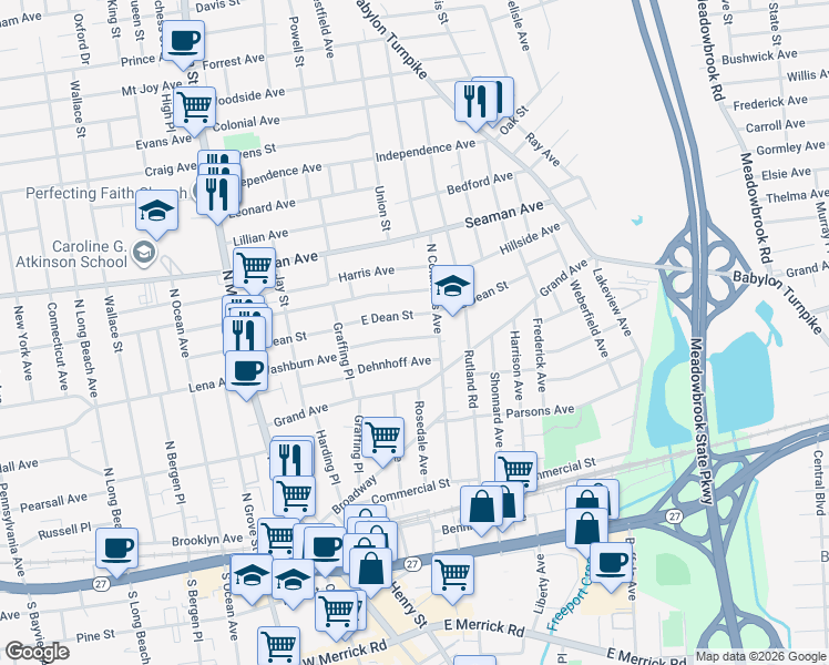 map of restaurants, bars, coffee shops, grocery stores, and more near 145 Washburn Avenue in Freeport