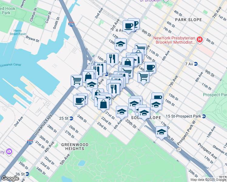 map of restaurants, bars, coffee shops, grocery stores, and more near 225 1/2 18th Street in Brooklyn
