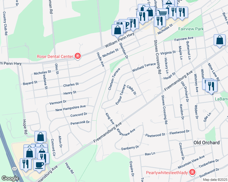 map of restaurants, bars, coffee shops, grocery stores, and more near 4320 Winfield Terrace in Easton