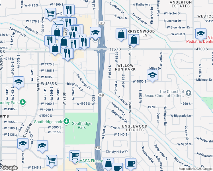 map of restaurants, bars, coffee shops, grocery stores, and more near 3759 4845 South in Taylorsville