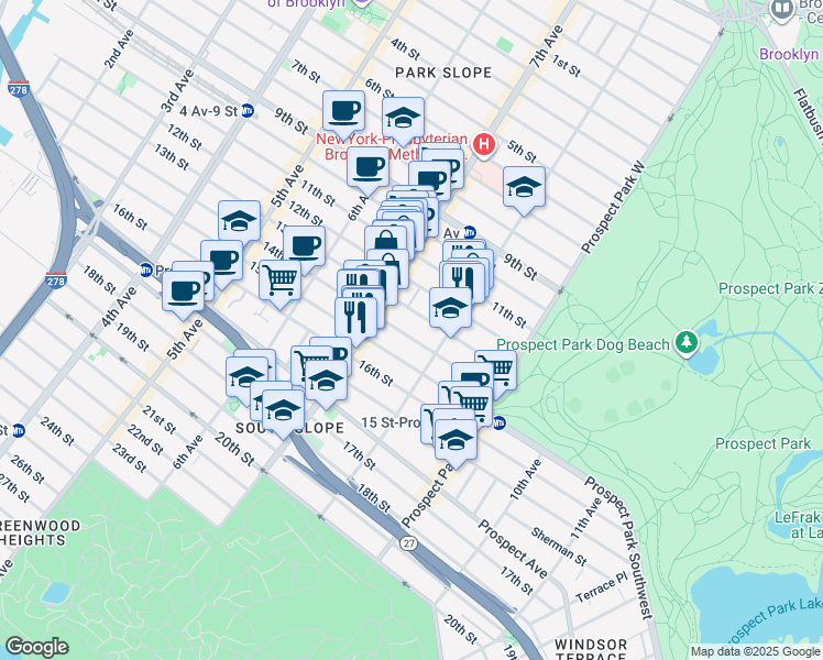 map of restaurants, bars, coffee shops, grocery stores, and more near 409 14th Street in Brooklyn