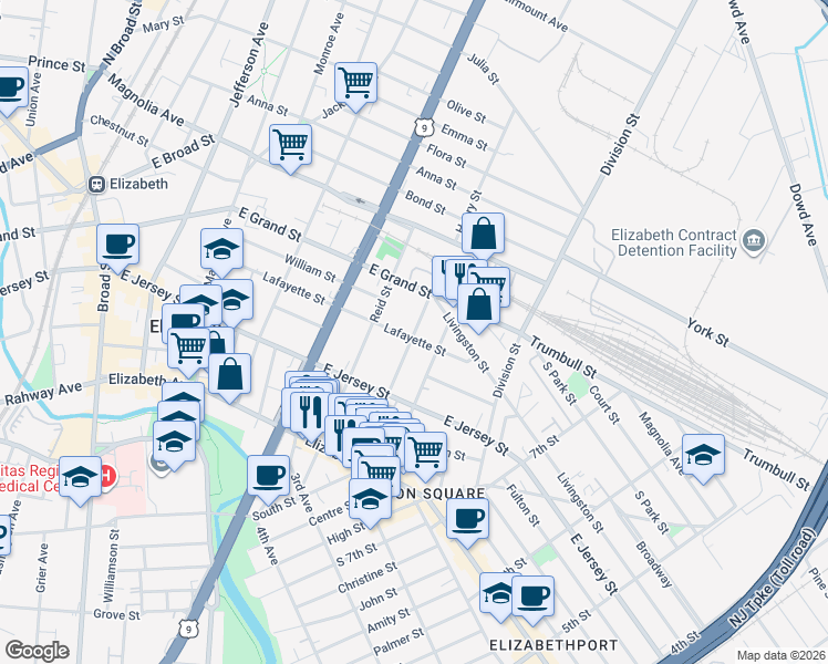 map of restaurants, bars, coffee shops, grocery stores, and more near 917 Lafayette Street in Elizabeth