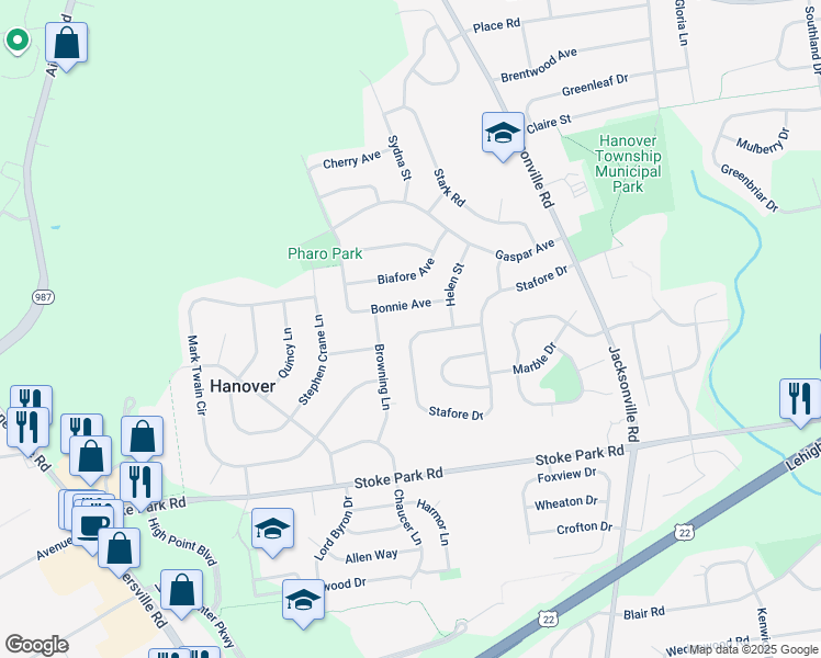map of restaurants, bars, coffee shops, grocery stores, and more near 1470 Stafore Drive in Bethlehem