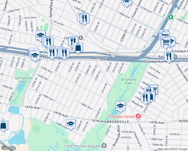 map of restaurants, bars, coffee shops, grocery stores, and more near 229-07 144th Ave in Queens