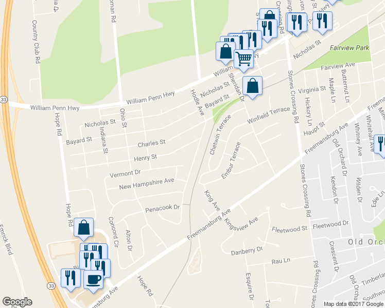 map of restaurants, bars, coffee shops, grocery stores, and more near 3103 Hodle Avenue in Easton