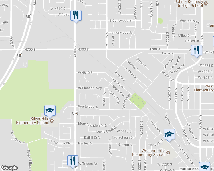 map of restaurants, bars, coffee shops, grocery stores, and more near 5398 West Planada Way in Kearns