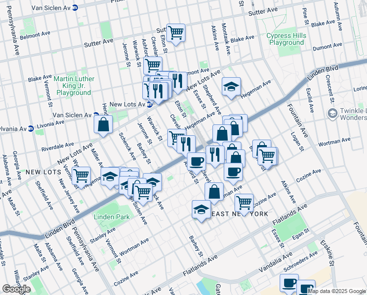 map of restaurants, bars, coffee shops, grocery stores, and more near 2237 Linden Boulevard in Brooklyn