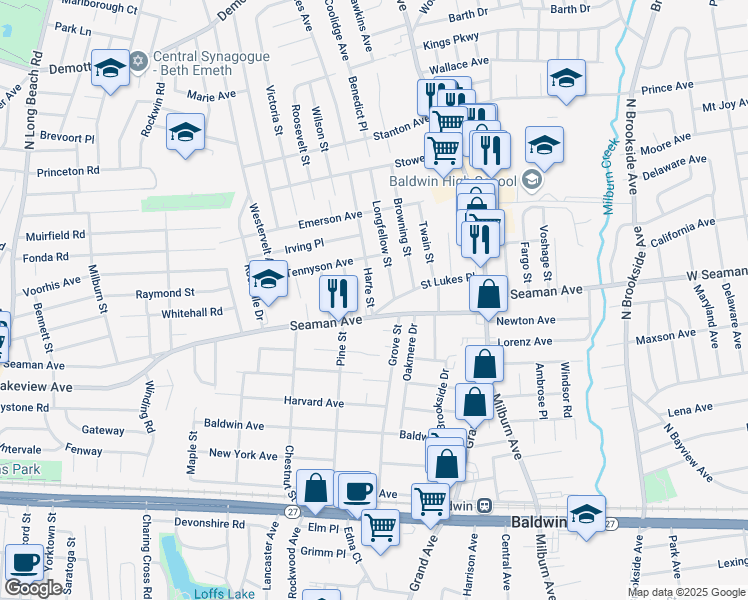 map of restaurants, bars, coffee shops, grocery stores, and more near 1933 Harte Street in Baldwin