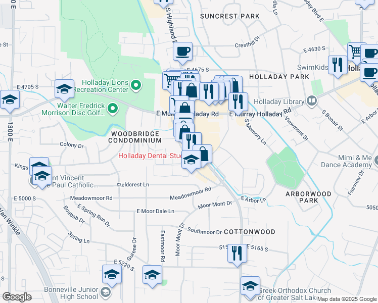 map of restaurants, bars, coffee shops, grocery stores, and more near 4834-4898 South Highland Drive in Holladay