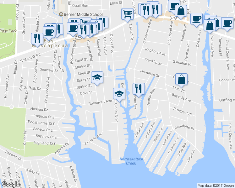 map of restaurants, bars, coffee shops, grocery stores, and more near 373 Clocks Boulevard in Massapequa