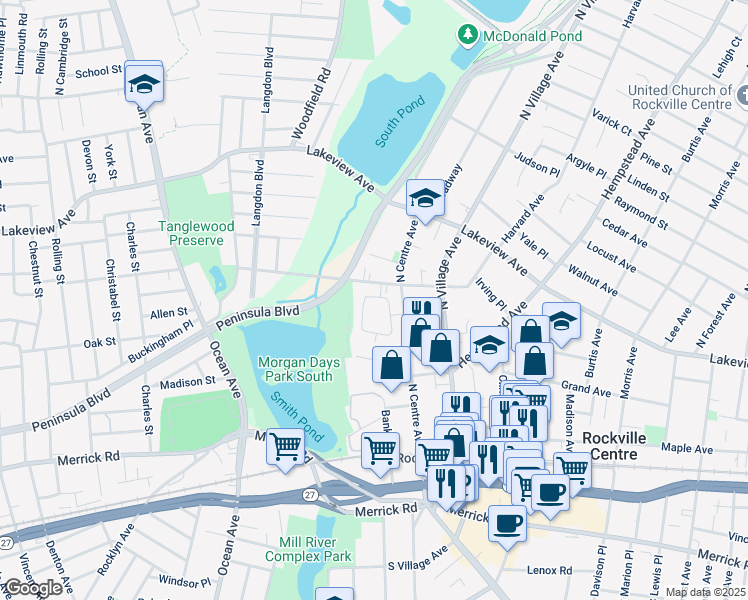 map of restaurants, bars, coffee shops, grocery stores, and more near 33 Old Mill Court in Rockville Centre