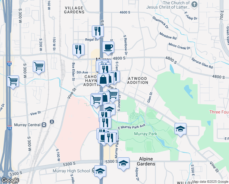 map of restaurants, bars, coffee shops, grocery stores, and more near 186 Vine Street in Murray