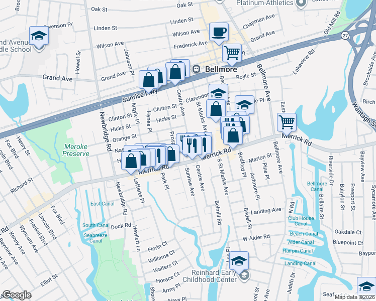 map of restaurants, bars, coffee shops, grocery stores, and more near 2398 Centre Ave in Bellmore
