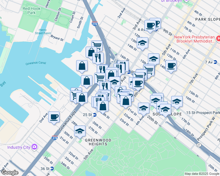 map of restaurants, bars, coffee shops, grocery stores, and more near 147 21st Street in Brooklyn