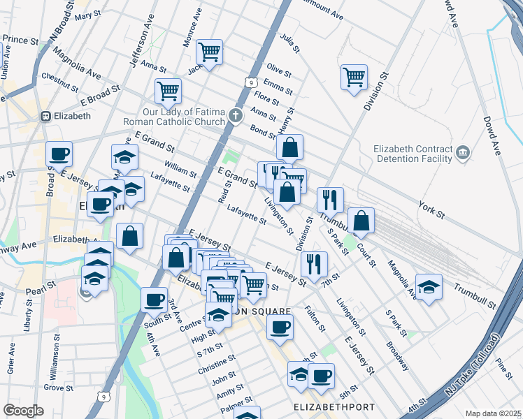 map of restaurants, bars, coffee shops, grocery stores, and more near 160 Smith Street in Elizabeth
