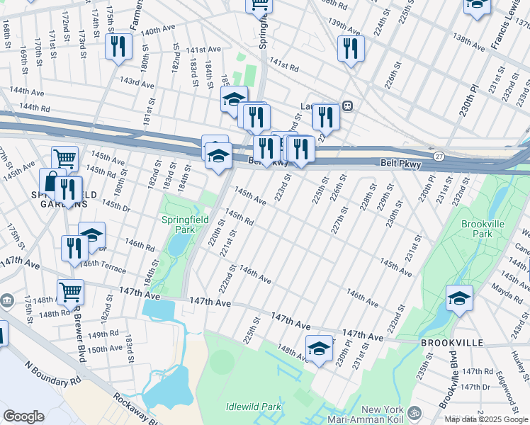 map of restaurants, bars, coffee shops, grocery stores, and more near 145-11 222nd Street in Queens