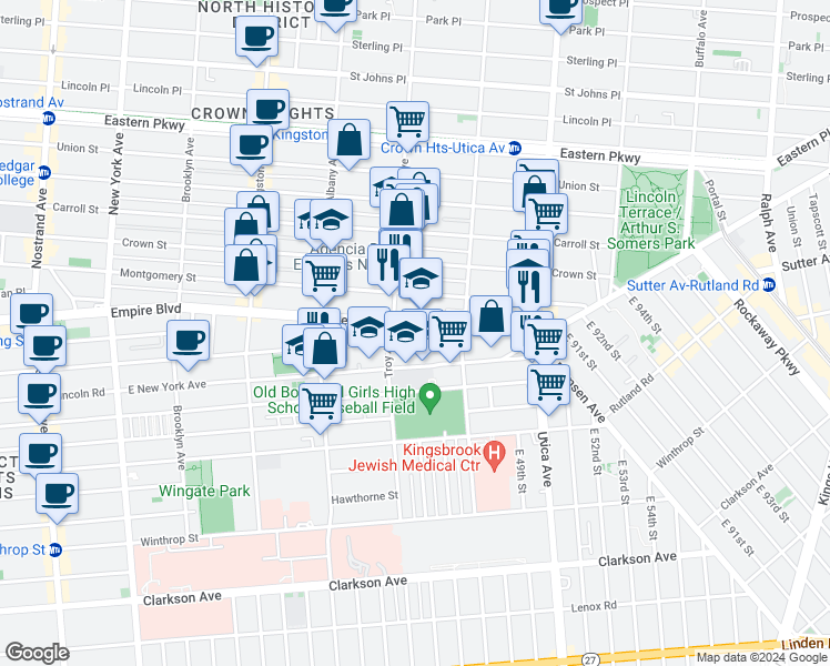 map of restaurants, bars, coffee shops, grocery stores, and more near 770 Empire Boulevard in Brooklyn