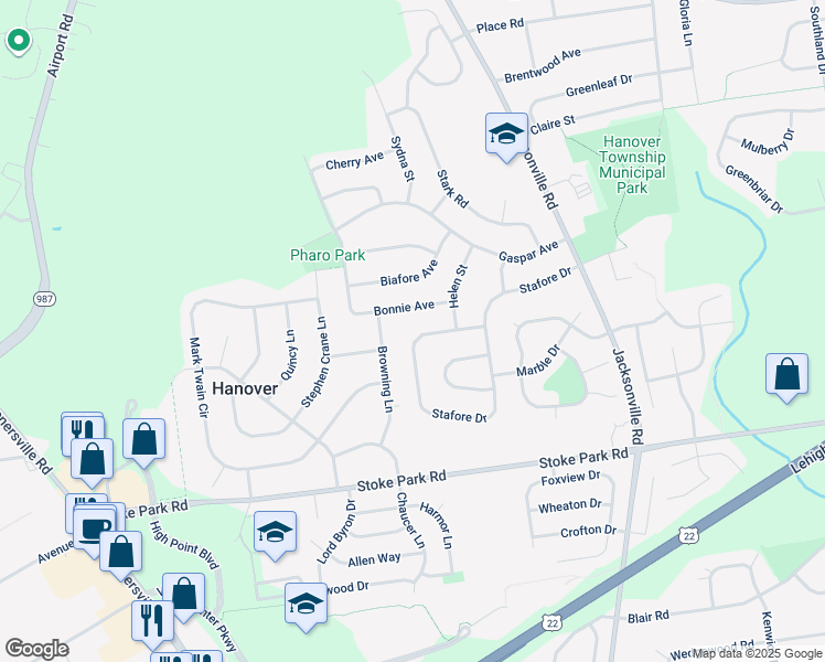 map of restaurants, bars, coffee shops, grocery stores, and more near 1470 Stafore Drive in Bethlehem