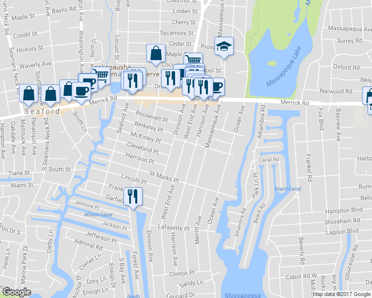 map of restaurants, bars, coffee shops, grocery stores, and more near 253 West End Avenue in Massapequa
